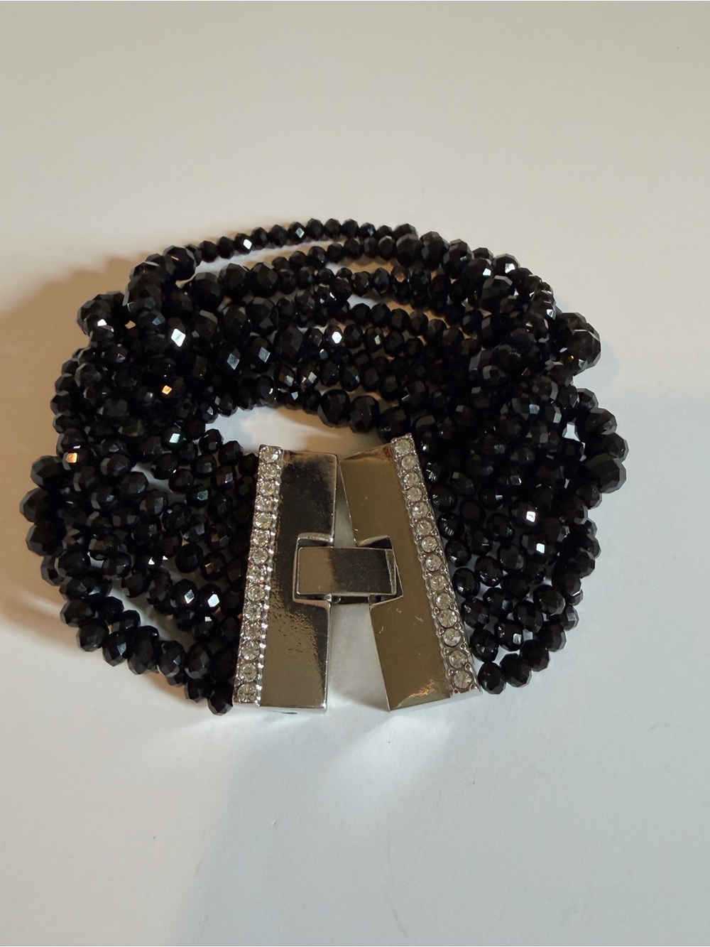Classic Black Beaded Multi-Strand Bracelet with Silver Crystal Clasp